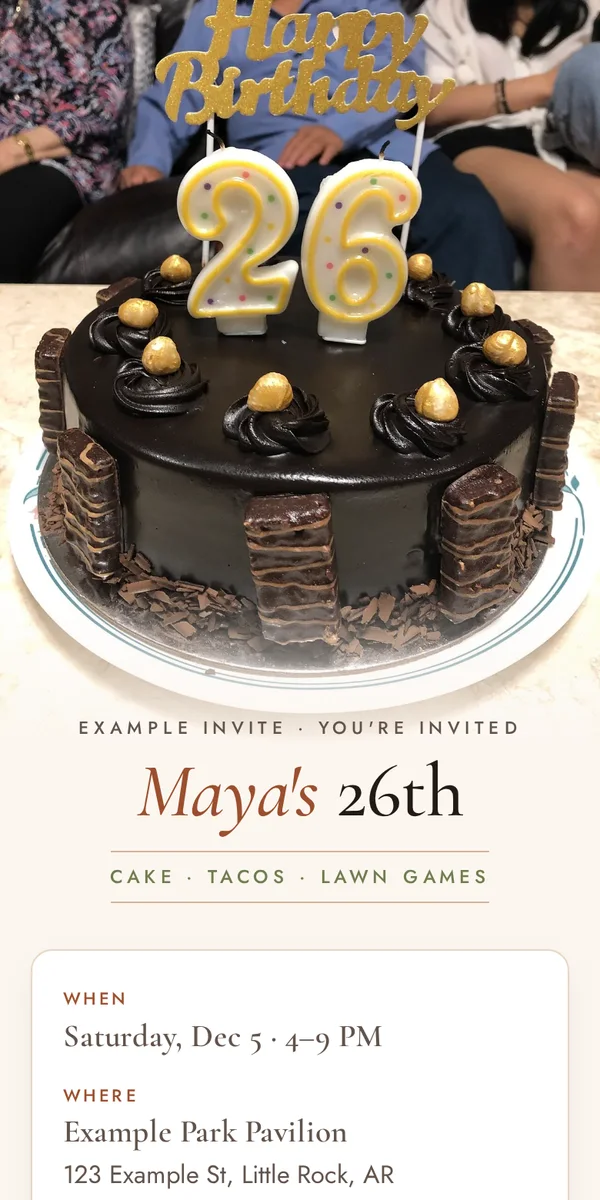 Sample invite page on a phone: a birthday cake photo, the headline Maya's 26th, date, place, and a directions button